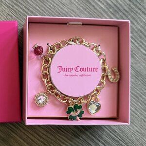 Juicy Couture Gold Tone Charm Bracelet Green Clover in Box